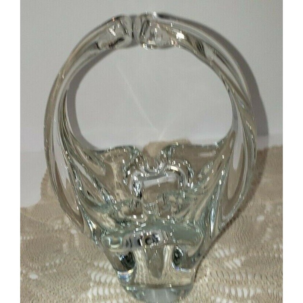 Vintage Murano Hand-blown clear art glass basket ashtray with split handle-MCM